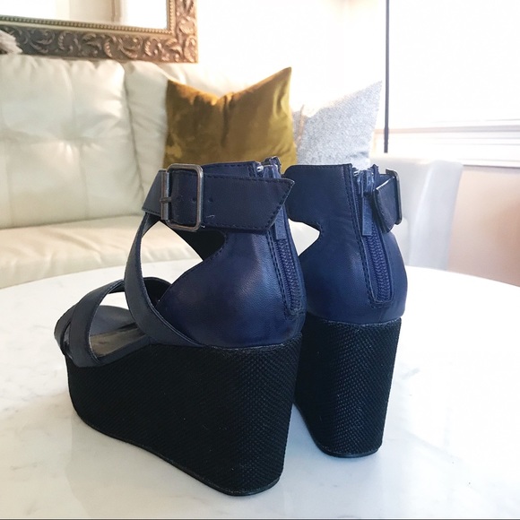 Navy + Black Strappy Wedge Platform Heels - Picture 5 of 5